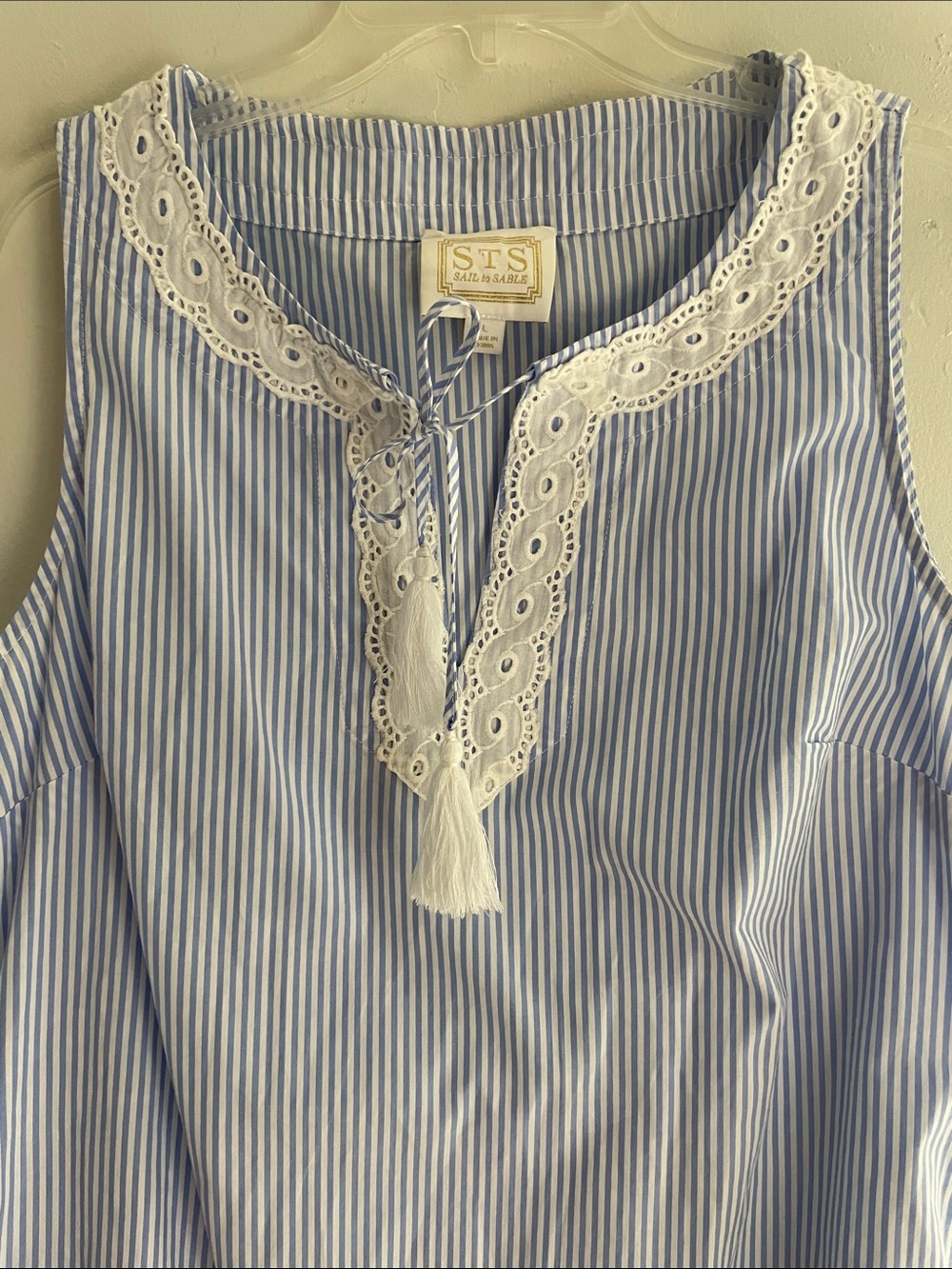 Sail to Sable Coastal Blue & White Striped Ruffle Hem Dress L - Picture 3 of 8